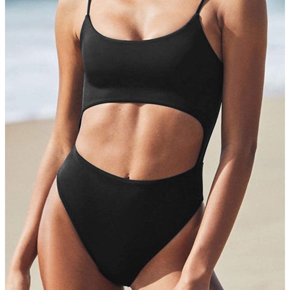 Scoop Neck Cut Out Front Lace Up Back High Cut Monokini One Piece Swimsuit - Picture 1 of 11